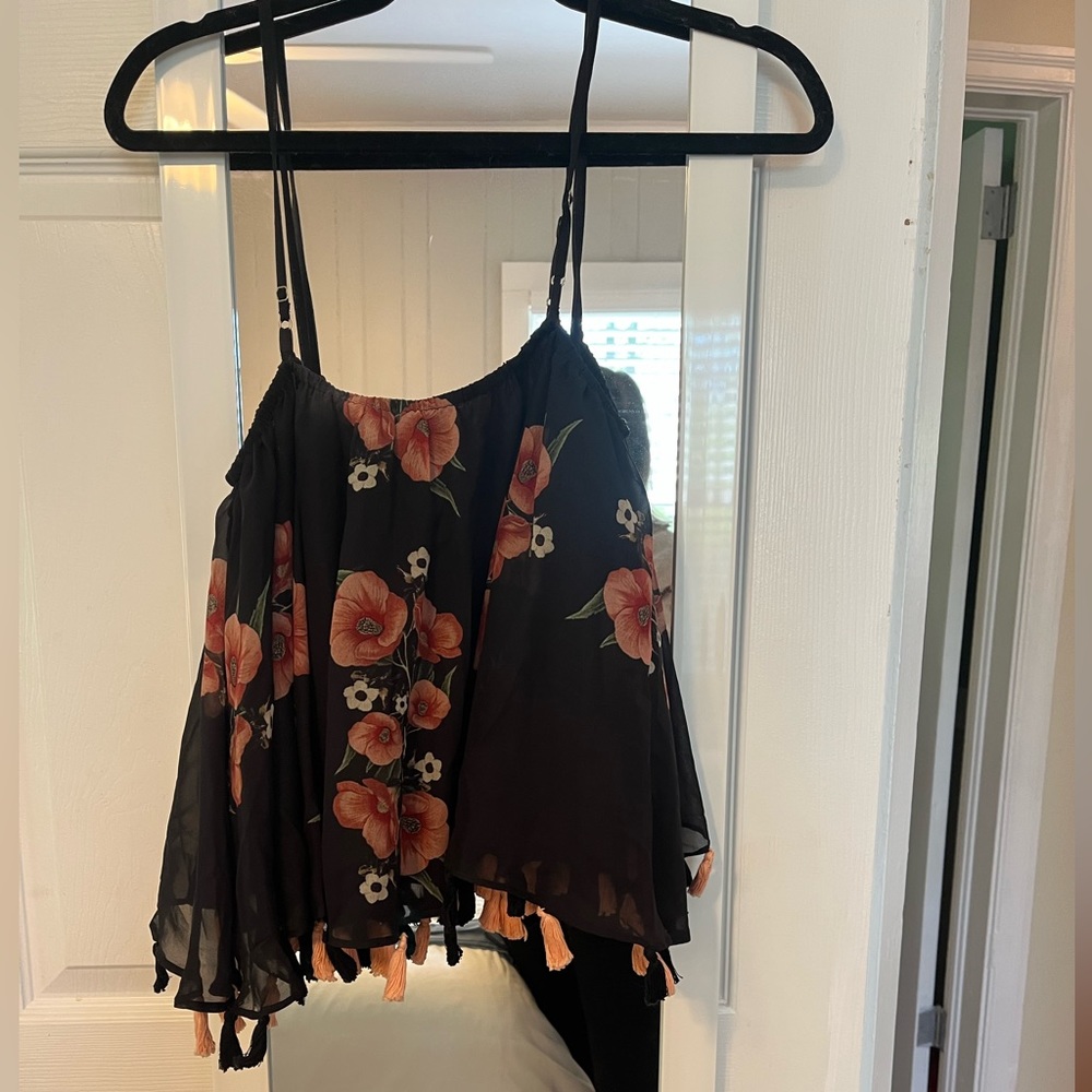 Anthropologie tank top with floral pattern, tassels and adjustable straps